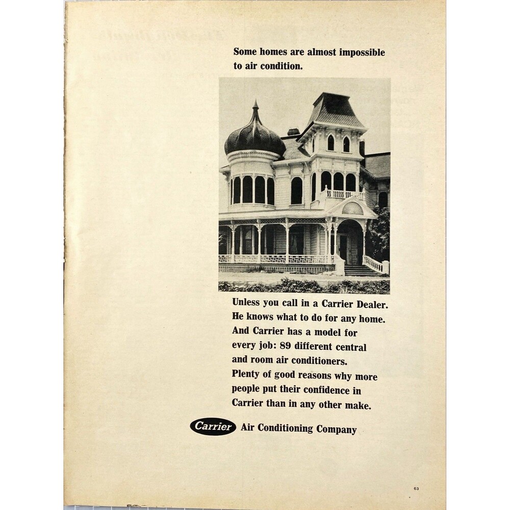 Carrier Air Conditioning Co. Some Homes Hard to Air Condition" Vtg Print Ad 1966